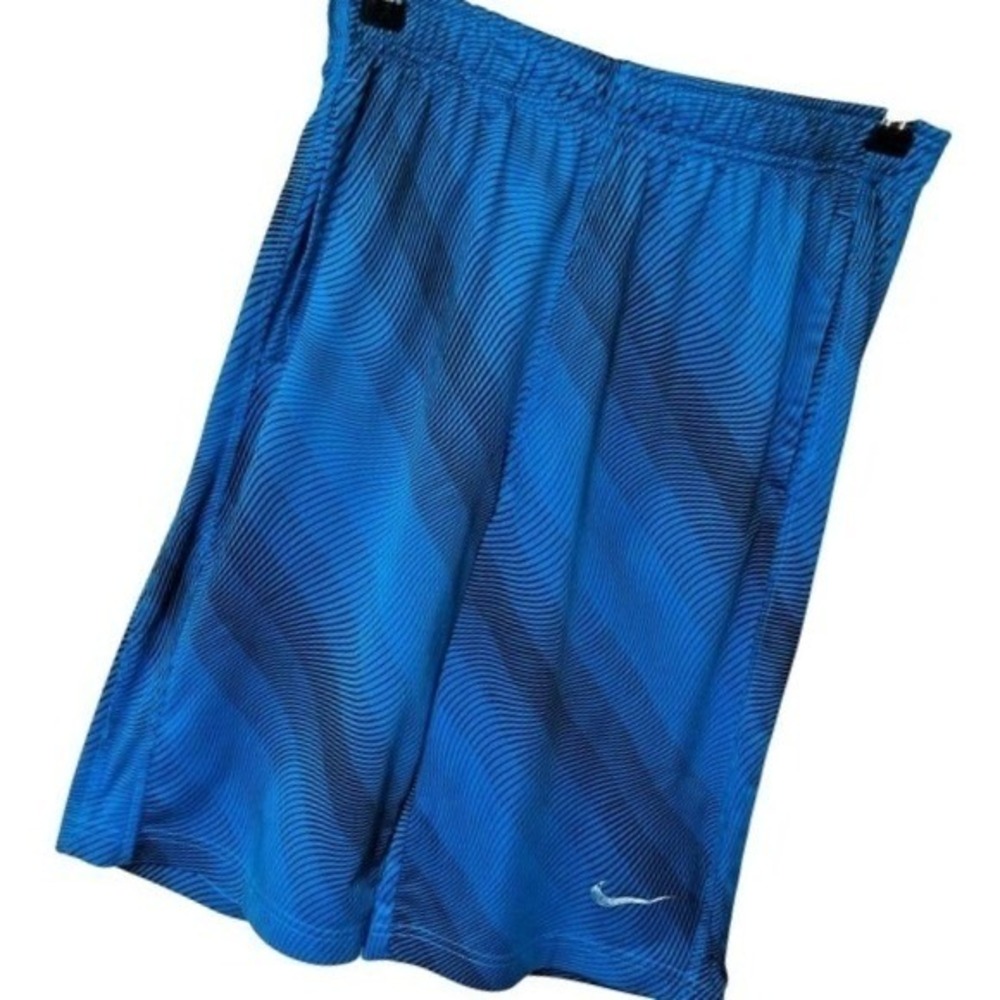 VTG Nike Dazzle Shorts Youth L Baggy Shiny Y2K Swoosh AOP 90s Black Blue Stripes
